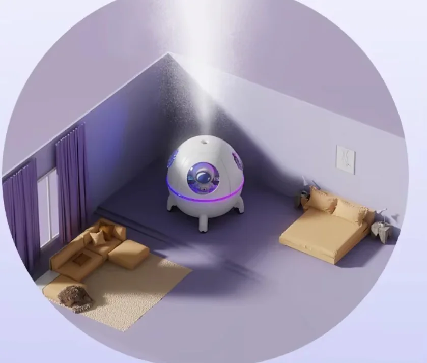 Umidificador Cápsula Espacial em uma mesa de cabeceira moderna, iluminando o quarto com uma luz azul suave